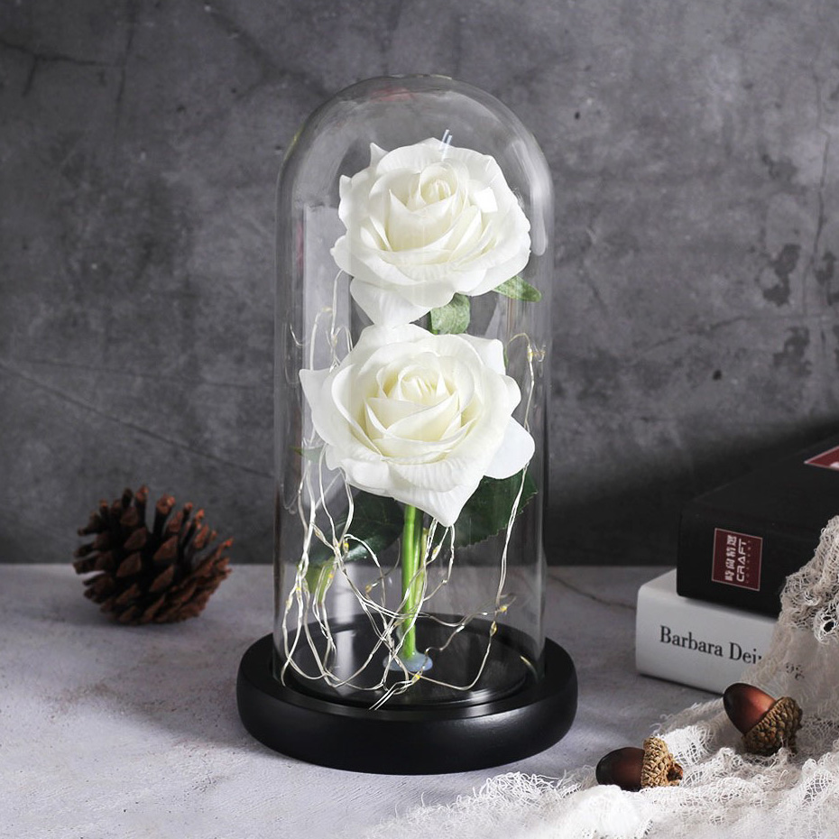 Forever Rose 2 Παντοτινά Τριαντάφυλλα σε Γυάλινο Βάζο με Θερμό LED Φωτισμό 19x11cm - Λευκά
